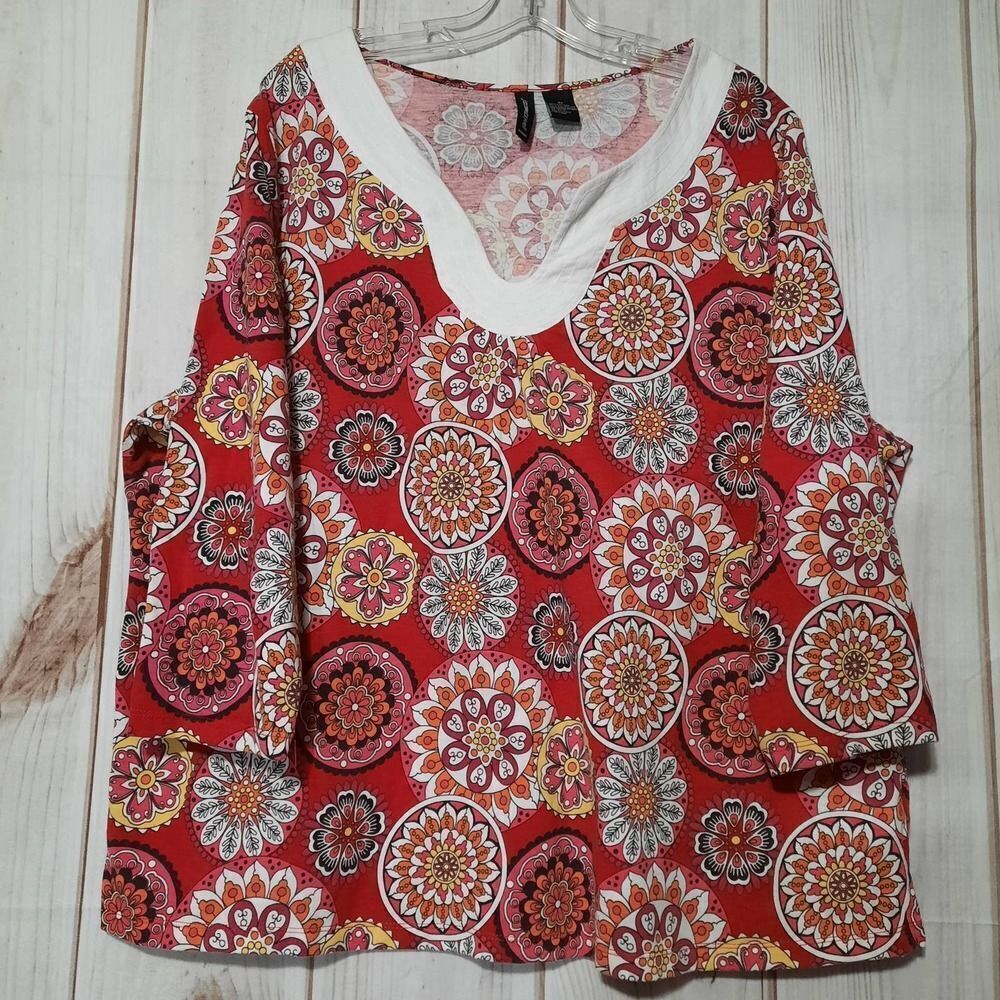 Jason Maxwell Red Mandala Medallion Split V-Neck Tunic Top Womens‎ 2X 3/4 Sleeve
